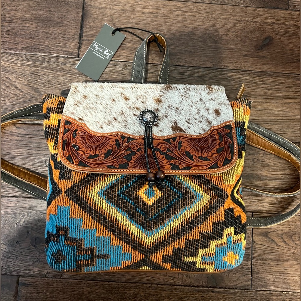 Myra Bag Backpack purse NWT. Burnt Umber Cowhide Tooled Leather Aztec Purse.